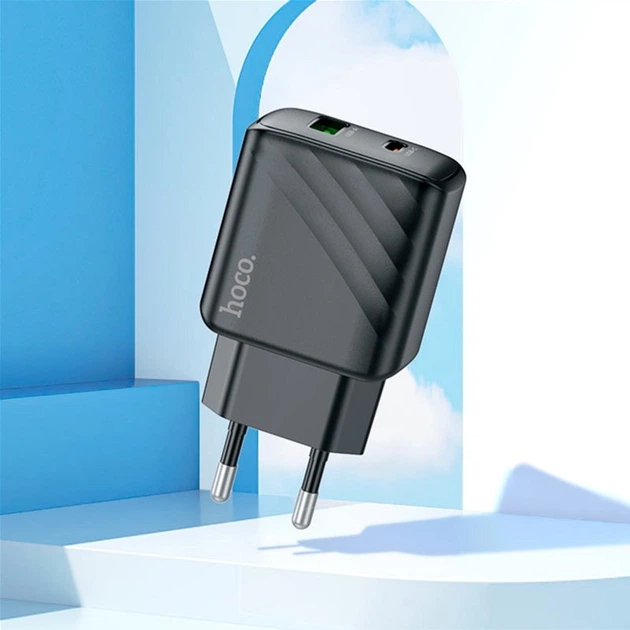 Мережевий зарядний пристрій з кабелем Hoco CS23A Sunlight dual-port PD30W+QC3.0 charger set (C to iP) (EU) Black (6942007609951) - Фото 7 Мережевий зарядний пристрій з кабелем Hoco CS23A Sunlight dual-port PD30W+QC3.0 charger set (C to iP) (EU) Black (6942007609951) - зображення 7