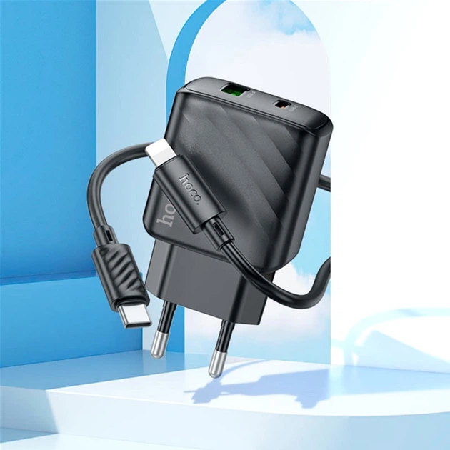 Мережевий зарядний пристрій з кабелем Hoco CS23A Sunlight dual-port PD30W+QC3.0 charger set (C to iP) (EU) Black (6942007609951) - Фото 9 Мережевий зарядний пристрій з кабелем Hoco CS23A Sunlight dual-port PD30W+QC3.0 charger set (C to iP) (EU) Black (6942007609951) - зображення 9