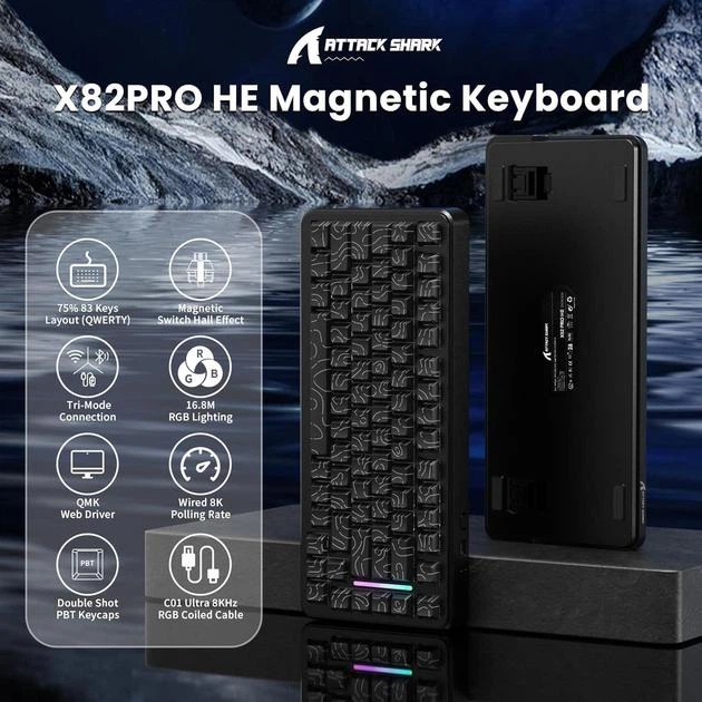 Клавіатура Магнітна ATTACK SHARK X82 PRO HE Black Contour Бездротова Ігрова RGB. 2.4G/Bluetooth/Кабель. Батарея 5000mAh. Кабель Авіатор. 8000 Герц/c. Магнітні Світчі - зображення 3
