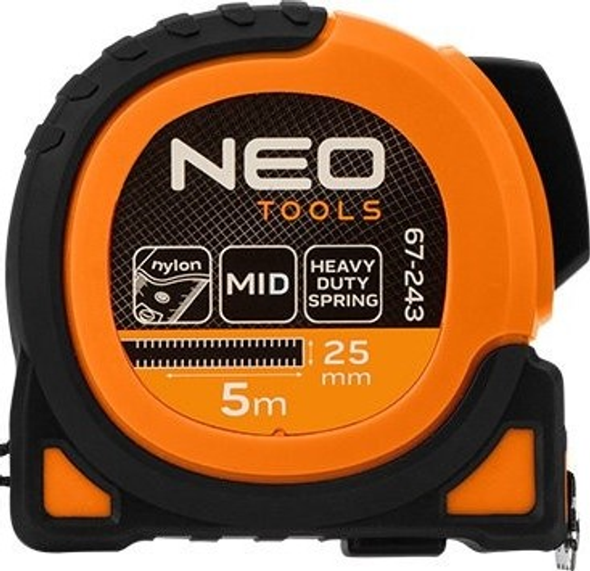 Рулетка NEO Tools Super Black сталева 5 м x 25 мм з автоматичним блокуванням, 2 кнопками стоп та магнітом 67-243 (5907558472257) - зображення 1