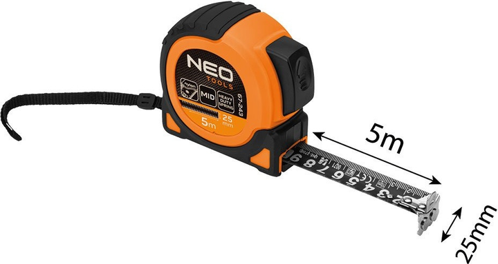 Рулетка NEO Tools Super Black сталева 5 м x 25 мм з автоматичним блокуванням, 2 кнопками стоп та магнітом 67-243 (5907558472257) - зображення 9