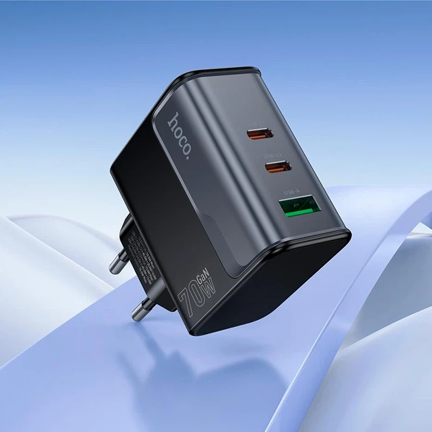 Адаптер сетевой HOCO Star Speed charger CS75A |1USB/2Type-C, 70W/3A, PD/QC| Black - Фото 7 Адаптер сетевой HOCO Star Speed charger CS75A |1USB/2Type-C, 70W/3A, PD/QC| Black - изображение 7