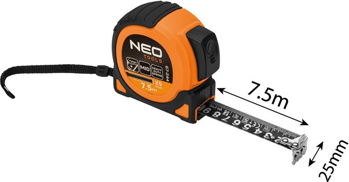 Рулетка NEO Tools Super Black сталева 7.5 м x 25 мм з автоматичним блокуванням, 2 кнопками стоп та магнітом 67-244 (5907558472264) - зображення 9
