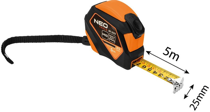 Рулетка NEO Tools сталева 5 м x 25 мм з автоматичним блокуванням, кнопкою зупинки та магнітом 67-233 (5907558499995) - зображення 9