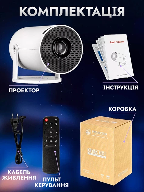 Проектор HD 4k домашний кинотеатр для просмотра фильмов и мультиков на стене или потолке прямо с телефона, портативный белый - изображение 9