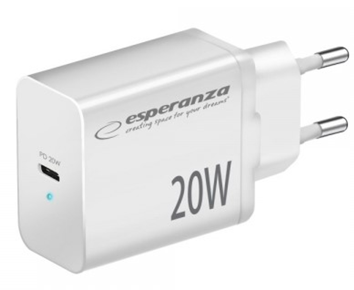 Ładowarka sieciowa Esperanza 20W USB-C PD White (5901299960554) - obraz 1