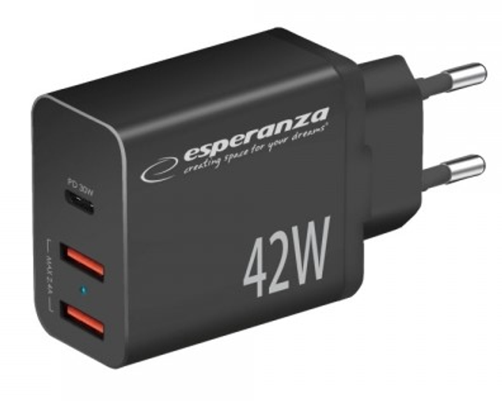 Мережевий зарядний пристрій Esperanza 42W USB-C PD 30W / 2x USB-A 12W Black (5901299960585) - зображення 1