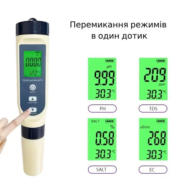 Цифровой тестер воды 5 в 1 — pH-метр, EC-метр, TDS, солемер и термометр - изображение 3