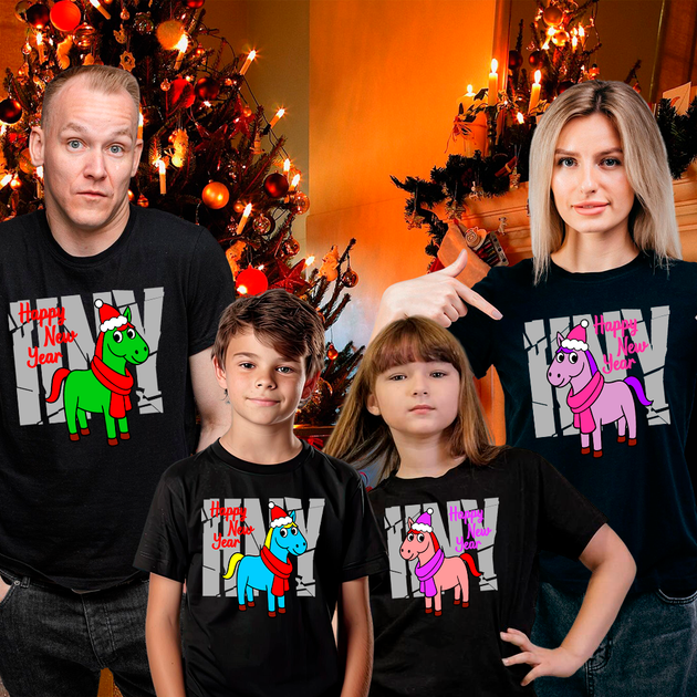 Футболки Family Look Кавун Коні Happy New Year M 4 шт Чорний ФП013158(M) - изображение 2