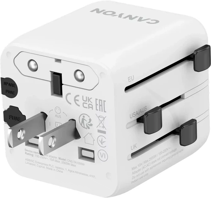 Listwa przeciwprzepięciowa Canyon OnTour One Travel Adapter EU/UK/US/AUS White (CNS-TA1005W) - obraz 3