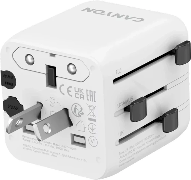Listwa przeciwprzepięciowa Canyon OnTour One Travel Adapter EU/UK/US/AUS White (CNS-TA1005W) - obraz 4