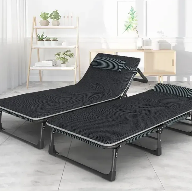 Раскладная кровать с Mesh-матрасом и подушкой LEOBRO Striped 193х68х30 см, с регулировкой спинки, черная в полоску - Фото 2 Раскладная кровать с Mesh-матрасом и подушкой LEOBRO Striped 193х68х30 см, с регулировкой спинки, черная в полоску - изображение 2