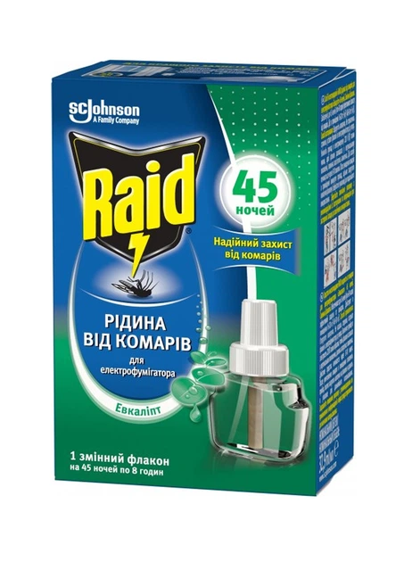 Жидкость от комаров для электрофумигаторов Raid 45 ночей с эвкалиптом (4620000431763) - Фото 1 Жидкость от комаров для электрофумигаторов Raid 45 ночей с эвкалиптом (4620000431763) - изображение 1