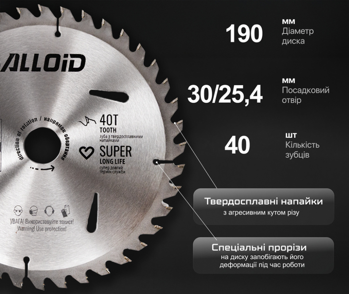 Диск пильный по дереву Alloid 190х30/25.4 мм 40 зубов с твердосплавными напайками (WS-19040) - изображение 4