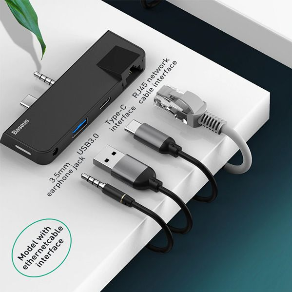 Док-станція USB3.1 Type-C+3.5mm --> USB 3.0/RJ45/Type-C/3.5mm Чорна Baseus for Surface Go - изображение 9