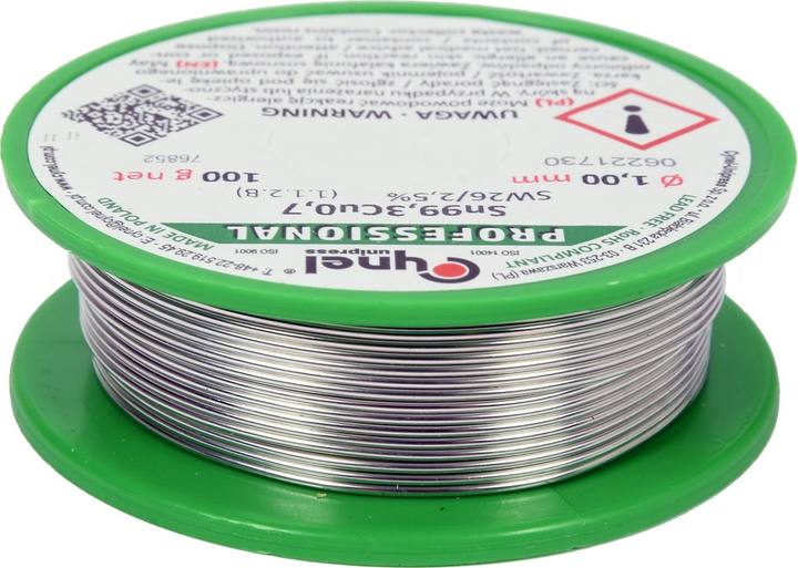 Drut lutowniczy bezołowiowy Cynel z topnikiem na szpuli 1 mm 100 g Sn99.3Cu0.7 (5906083070303) - obraz 1