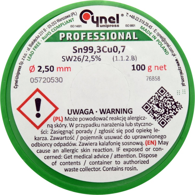 Припій без свинцю Cynel Ø2.5 мм, Sn99,3-Cu0,7 дротяний на котушці з флюсом m= 100 г (5906083070365) - зображення 2