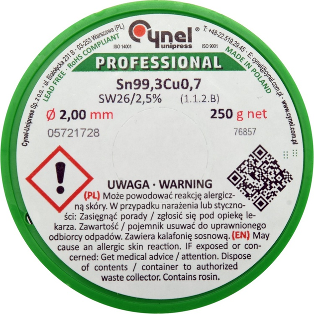 Припій без свинцю Cynel Ø2 мм, Sn99,3-Cu0,7 дротяний на котушці з флюсом m= 250 г (5906083070358) - зображення 2