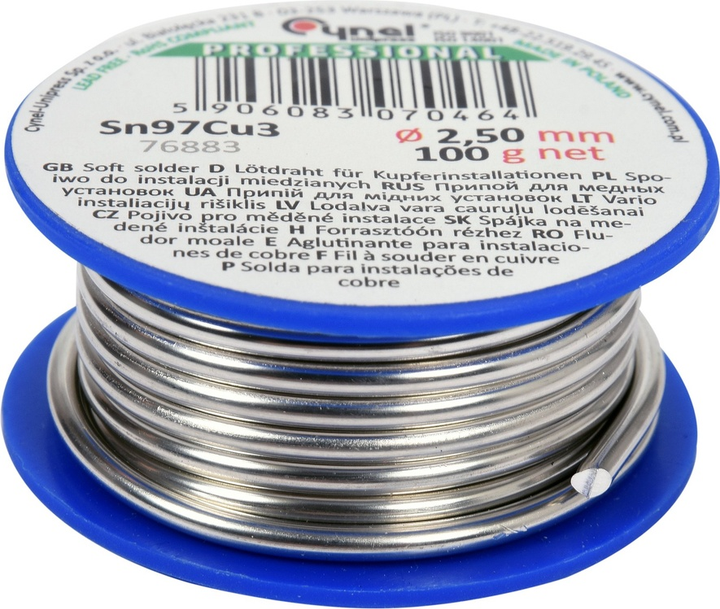Drut lutowniczy Cynel do instalacji miedzianych na szpuli Sn97Cu3 2.5 mm 100 g (5906083070464) - obraz 1