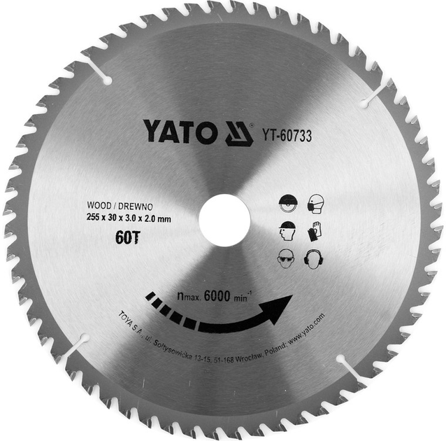 Tarcza widiowa do drewna YATO 255 x 60 zębów x 30 mm dla YT-82171, YT-82173, YT-82165 (YT-60733) - obraz 1
