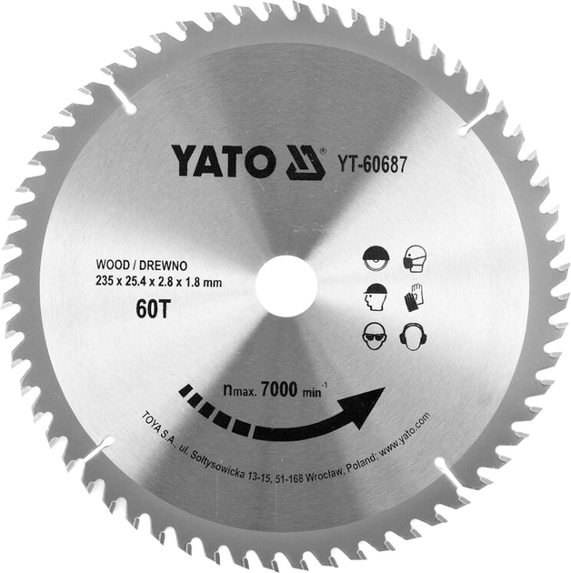 Диск пиляльний по дереву YATO 235x25.4 мм 60 зубців до 7000 об/хв (YT-60687) - зображення 1