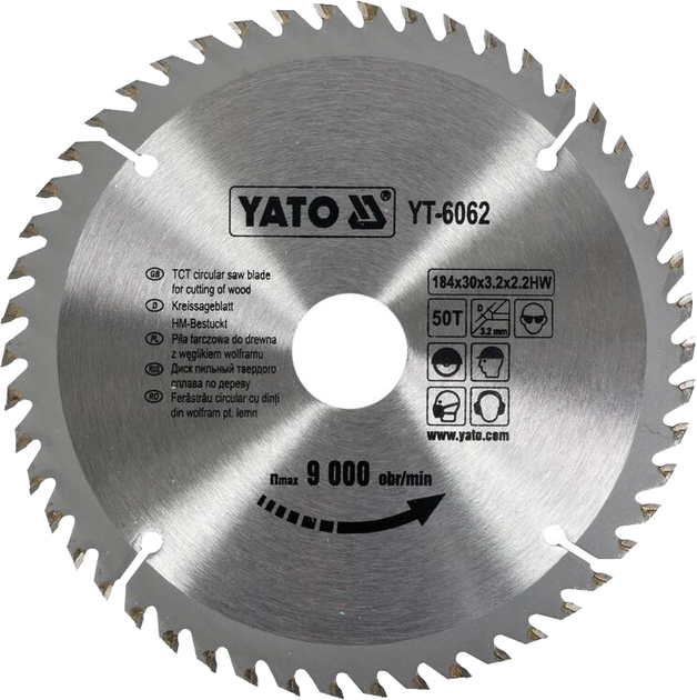 Tarcza widiowa do drewna YATO 184x30 mm 50 zębów do 9000 obr/min (YT-6062) - obraz 1