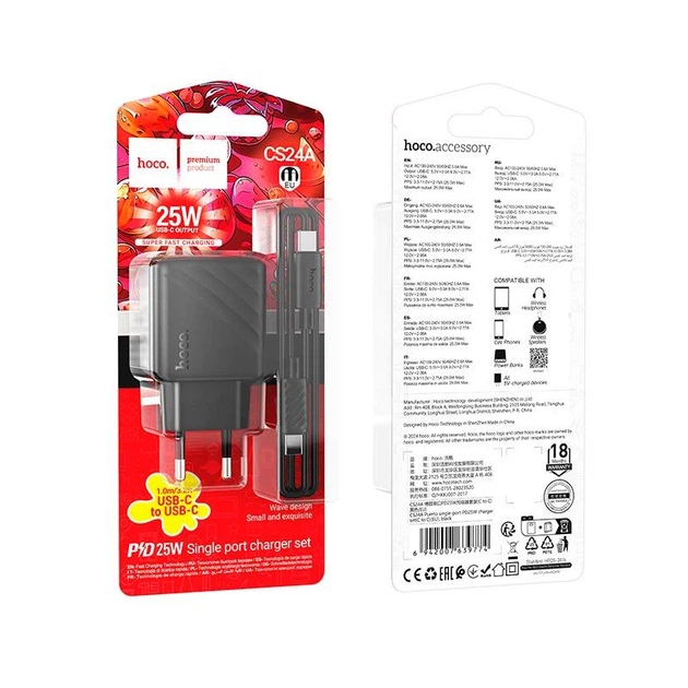 Сетевое зарядное устройство Hoco CS24A Type-C to Type-C (PD 25W, QC, 1м, тайп си, 3A, адаптер, с быстрой зарядкой) - Черный - Фото 6 Сетевое зарядное устройство Hoco CS24A Type-C to Type-C (PD 25W, QC, 1м, тайп си, 3A, адаптер, с быстрой зарядкой) - Черный - изображение 6