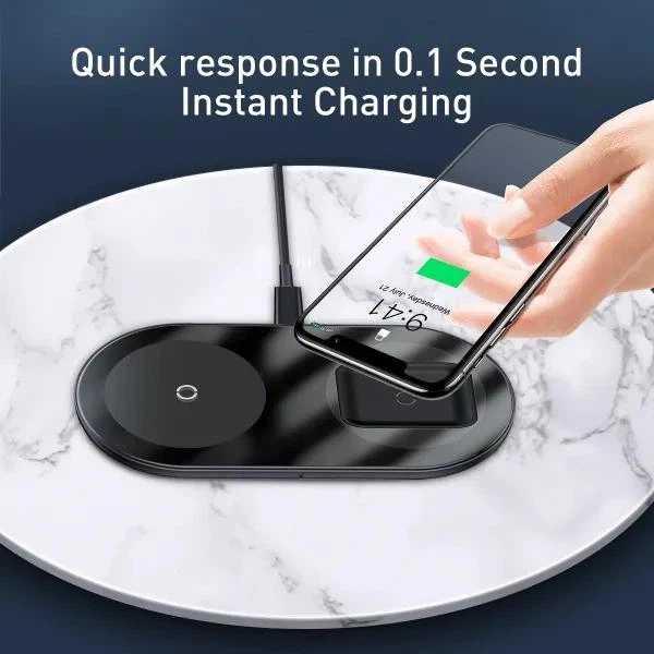 Беспроводная зарядная станция Baseus Simple 2in1 Wireless Charger Pro Edition (WXJK-C02) |15 Вт, быстрая зарядка, широкая совместимость, одновременная зарядка 2 устройств, многоуровневая защита, для смартфона и наушников, LED-индикатор| Черный - изображение 3