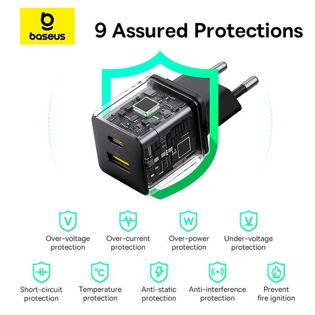 Сетевое зарядное устройство адаптер Baseus Palm Fast Charger |1USB/1Type-C, 30W/3A, быстрая зарядка PD/QC, многоуровневая защита, широкая совместимость, компактный, контроль температуры| Черный - Фото 11 Сетевое зарядное устройство адаптер Baseus Palm Fast Charger |1USB/1Type-C, 30W/3A, быстрая зарядка PD/QC, многоуровневая защита, широкая совместимость, компактный, контроль температуры| Черный - изображение 11
