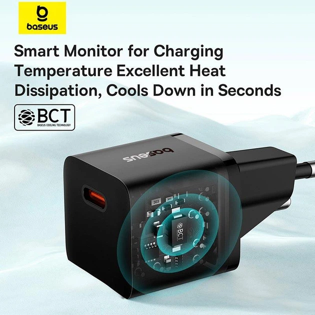 Сетевое зарядное устройство адаптер Baseus GaN5 Fast Charger (mini) |1Type-C, 20W/3A, поддержка быстрой зарядки QC/PD, многоуровневая защита, широкая совместимость, компактный| + Кабель Type-C to Type-C |100W, 1m| Черный - изображение 10