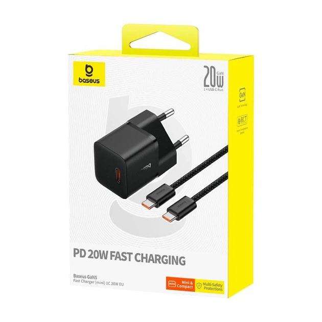 Сетевое зарядное устройство адаптер Baseus GaN5 Fast Charger (mini) |1Type-C, 20W/3A, поддержка быстрой зарядки QC/PD, многоуровневая защита, широкая совместимость, компактный| + Кабель Type-C to Type-C |100W, 1m| Черный - изображение 14
