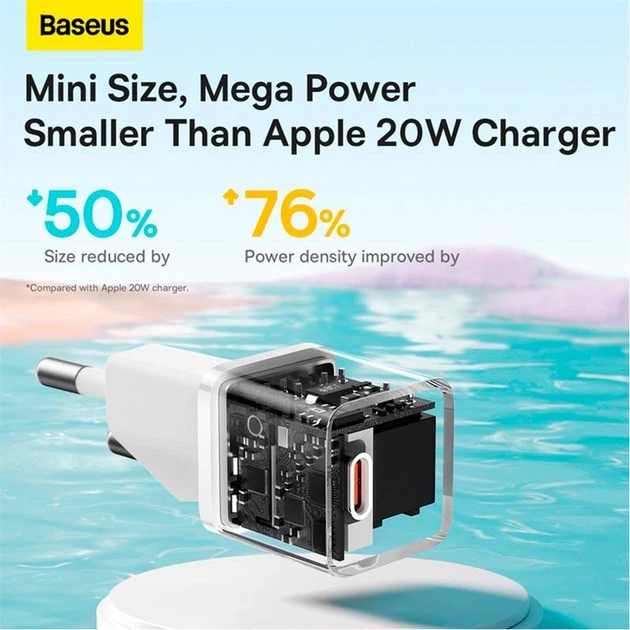 Сетевое зарядное устройство адаптер Baseus GaN5 Fast Charger (mini) |1Type-C, 20W/3A, поддержка быстрой зарядки QC/PD, многоуровневая система защиты, универсальная совместимость, компактный| Белый - изображение 8