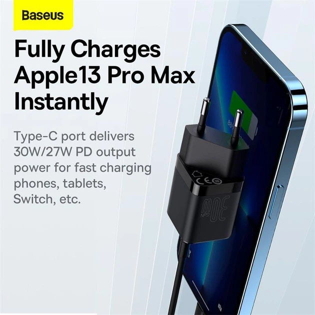 Сетевое зарядное устройство адаптер Baseus GaN3 Fast Charger 1C (CCGN010101) |1Type-C, 30W/3A, поддержка быстрой зарядки PD/QC, многоуровневая защита, универсальная совместимость, технология GaN3| Черный - изображение 2