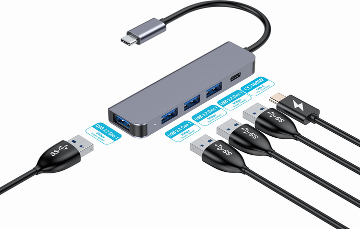 Hub USB Platinet 4 x USB-A 3.0, 1 x Type-C PD 5Gbps (5907595462358) - obraz 1