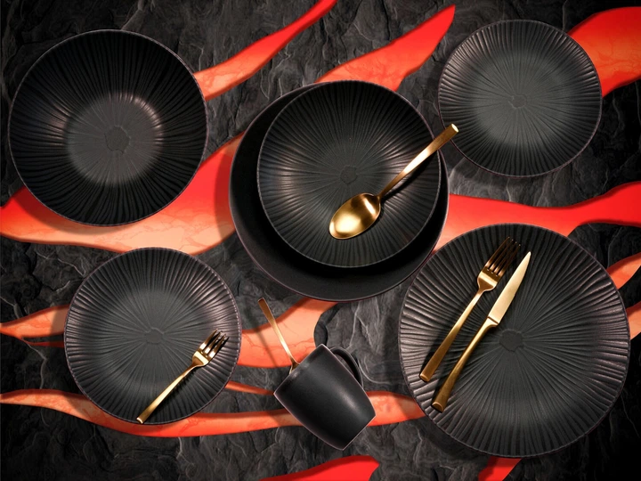 Набор столовой посуды CreaTable Vesuvio Black из 12 предметов на 4 персоны керамогранит высокого качества черно-серый - изображение 5