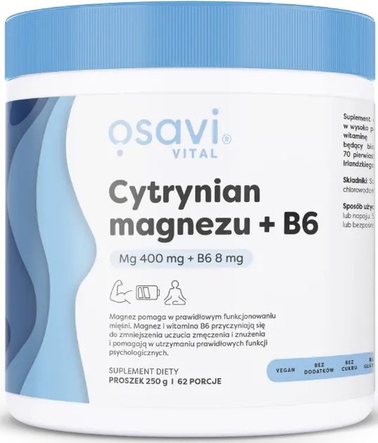 Suplement diety Osavi Cytrynian magnezu 400 mg + Witamina B6 250 g (5904139923184) - obraz 1