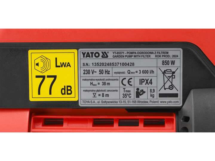 Hydrofor YATO sieciowy 850 W (YT-85371) - obraz 10