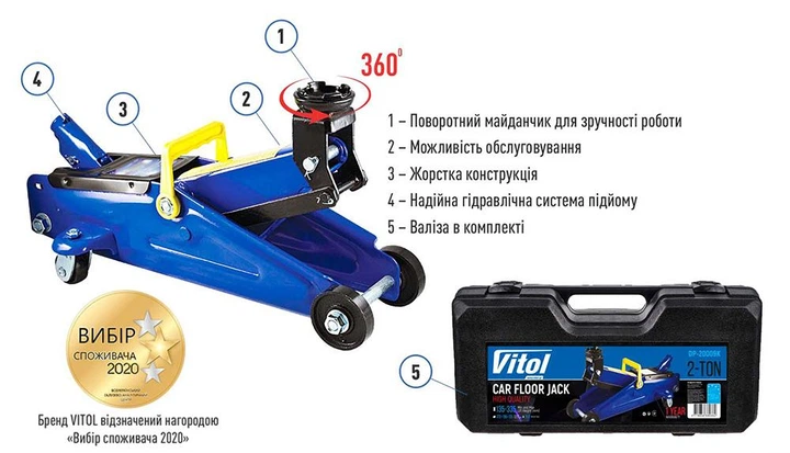 Домкрат гидравлический подкатной VITOL 2т кейс / min 125мм - max 300мм / 6,3кг - изображение 8