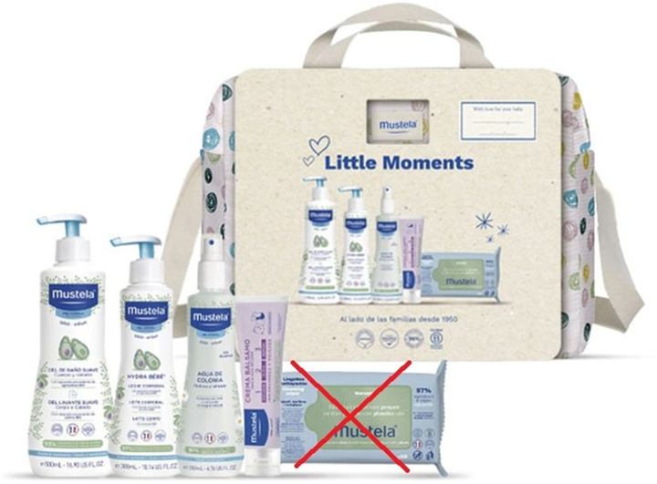 Дитячий косметичний набір Mustela Bebe Little Moments Lunares Гель для тіла 500 мл + Крем для тіла 50 мл + Лосьйон для тіла 300 мл + Серветки 60 шт + Спрей для тіла 200 мл (8436034153931) (955555908603739) - Уцінка - зображення 2