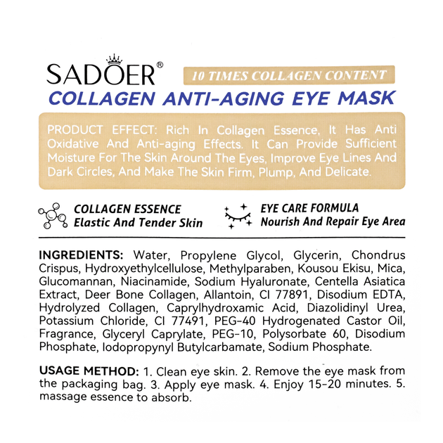 Патчи для кожи вокруг глаз антивозрастные Sadoer Collagen 60 шт (SD92700) - Фото 6 Патчи для кожи вокруг глаз антивозрастные Sadoer Collagen 60 шт (SD92700) - изображение 6