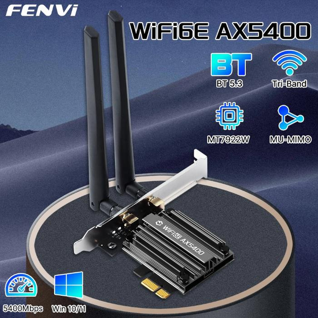 Беспроводной адаптер карта Fenvi 5374Mbps WiFi 6E PCIe Bluetooth 5.3 6G/5G/2.4G MT7922 802.11ax для ПК - Фото 1 Беспроводной адаптер карта Fenvi 5374Mbps WiFi 6E PCIe Bluetooth 5.3 6G/5G/2.4G MT7922 802.11ax для ПК - изображение 1