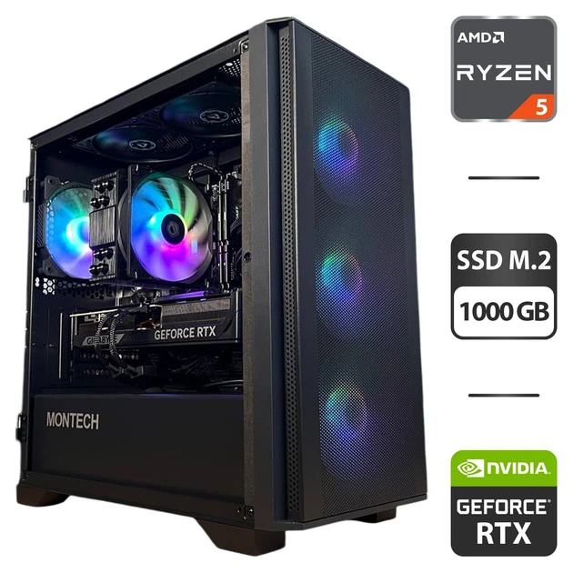 Сборка под заказ: игровой ПК Montech Air 1000 Premium Black Tower / AMD Ryzen 5 7500F (6 (12) ядер по 3.7 - 5.0 GHz) / 32 GB DDR5 / 1000 GB SSD M.2 / nVidia GeForce RTX 5070, 12 GB GDDR7, 192-bit / 750W - Фото 1 Сборка под заказ: игровой ПК Montech Air 1000 Premium Black Tower / AMD Ryzen 5 7500F (6 (12) ядер по 3.7 - 5.0 GHz) / 32 GB DDR5 / 1000 GB SSD M.2 / nVidia GeForce RTX 5070, 12 GB GDDR7, 192-bit / 750W - изображение 1