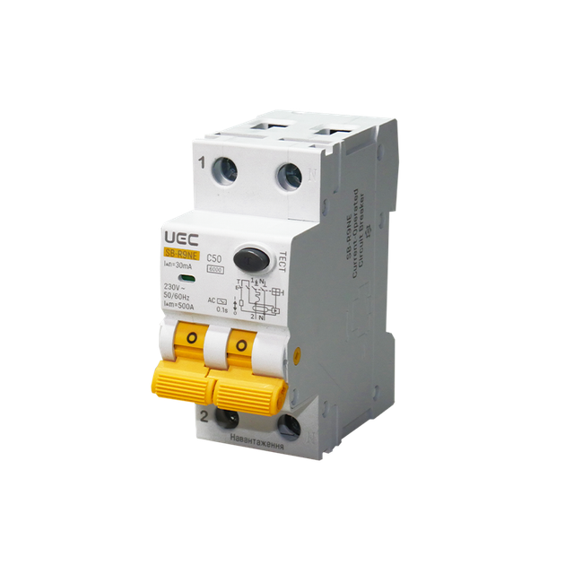 Автомат диференційного захисту SB-R9NE 2P C 50A 30мА тип AC 6кА UEC (RCBO60-2-050-C-030-AC) - Фото 1 Автомат диференційного захисту SB-R9NE 2P C 50A 30мА тип AC 6кА UEC (RCBO60-2-050-C-030-AC) - зображення 1