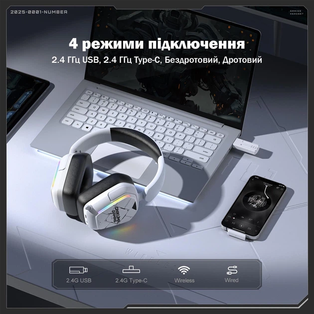 Игровые беспроводные наушники Onikuma GT883I с RGB-подсветкой, микрофоном, Bluetooth + 2.4G + Type-C, для ПК, PS4, PS5, телефона White - Фото 6 Игровые беспроводные наушники Onikuma GT883I с RGB-подсветкой, микрофоном, Bluetooth + 2.4G + Type-C, для ПК, PS4, PS5, телефона White - изображение 6