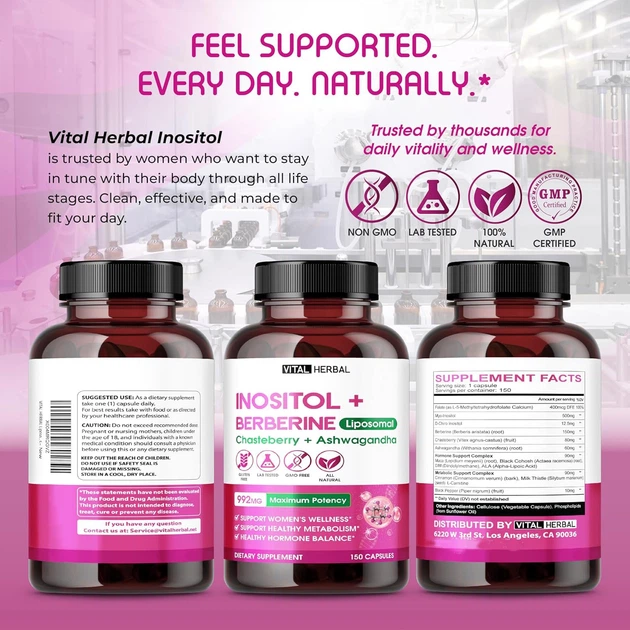 Добавка премиум-класса для поддержания жизненной силы Vitаl Herbal Liposomal Inositol 150 капсул - изображение 7