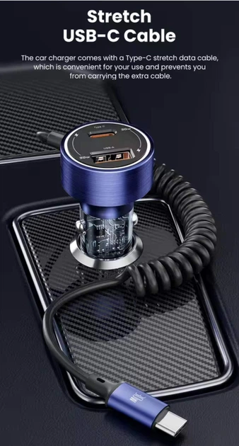 Автомобильное зарядное устройство Toocki 60W USB + Type C + встроенный кабель Type C быстрая зарядка ( TQ-CC26A Blue ) - изображение 2