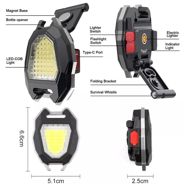 Аккумуляторный LED-фонарь/брелок W5144 Light COB с магнитом, карабином, подставкой, прикуривателем и свистком (свет белый+желтый+красный, 6 режимов) - изображение 8