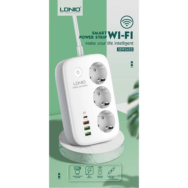 Мережевий фильтр с Wi-Fi LDNIO 3 розетки 3USB/Type-C PD 2метри SEW3452 (SEW3452) - зображення 6