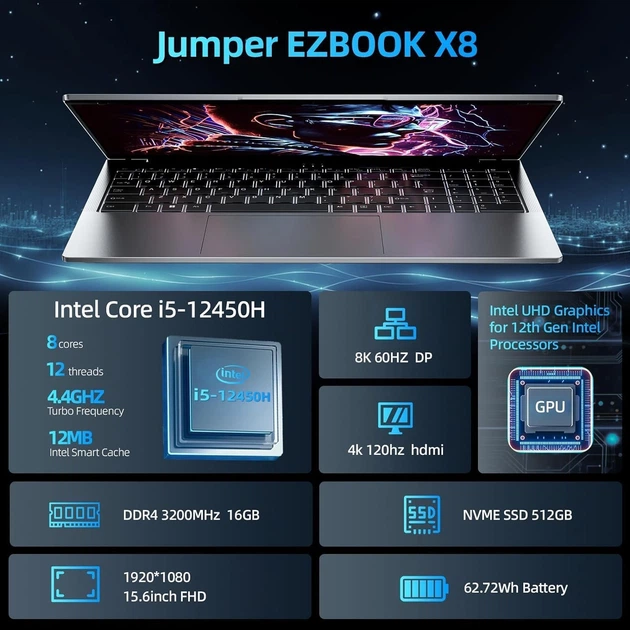 Ноутбук 15.6" Jumper EZbook X8 Intel Core i5-12450H RAM 16GB SSD 512GB Windows 11 (UKR) - изображение 3