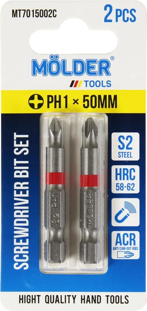 Насадка для отвертки PH1 50мм. (Molder Tools) 2шт. цветная маркировка S2 (бита) (MT7015002C) - Фото 1 Насадка для отвертки PH1 50мм. (Molder Tools) 2шт. цветная маркировка S2 (бита) (MT7015002C) - изображение 1